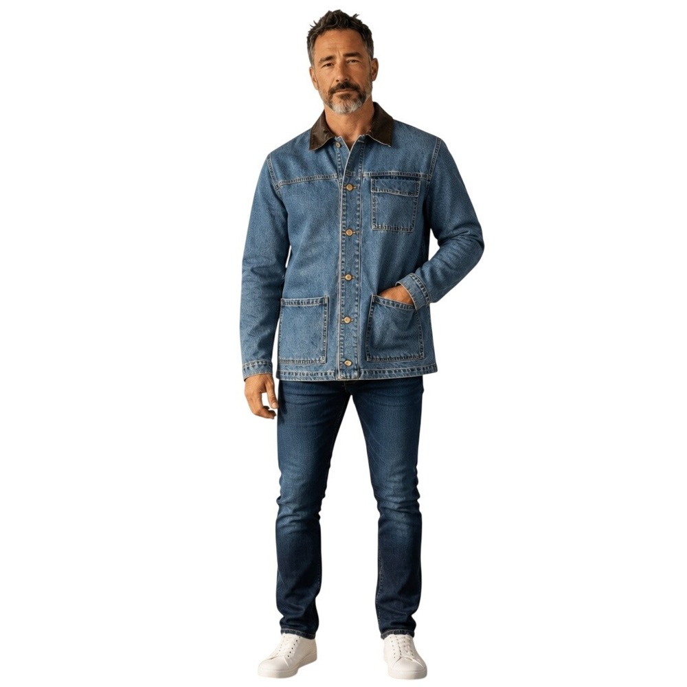 Cavalini Original Mens Denim Chore Jacket Medium Wash Leather Collar DJK675MP 2X